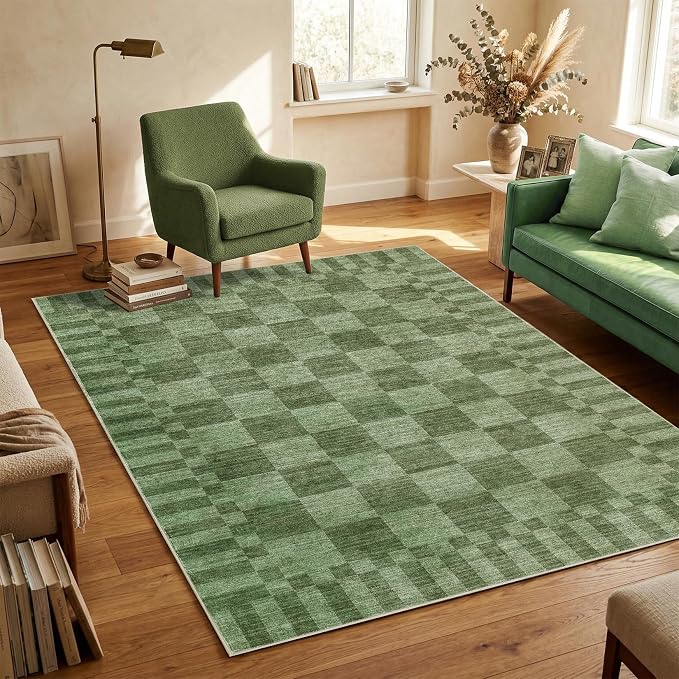 GarveeHome Moss Green Checkered Rug, Washable 3x5 Rug Non Slip - Image 3