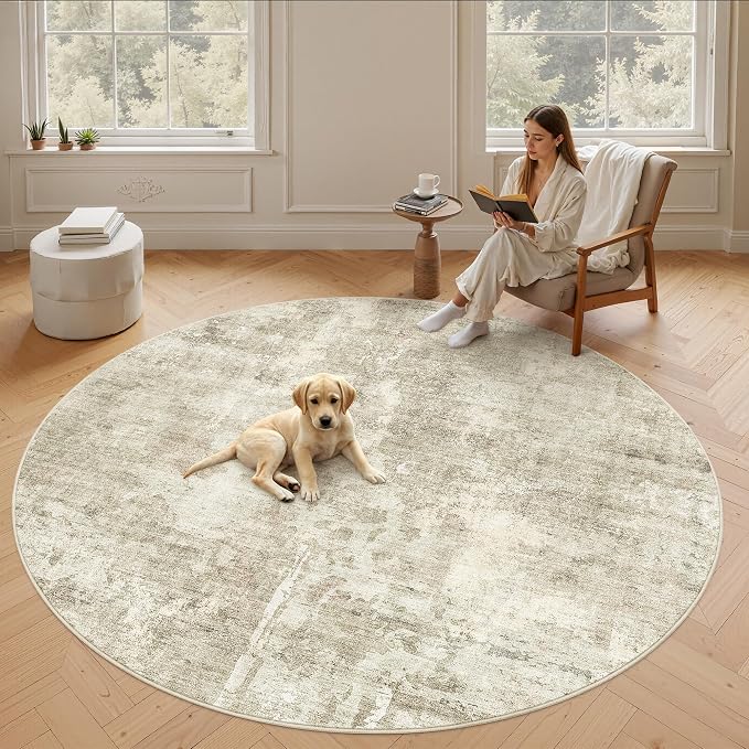 Soalmost 9x9 Beige Gray Round Rug 9ft Living Room Circle Rug Vintage Round Area by Soalmost