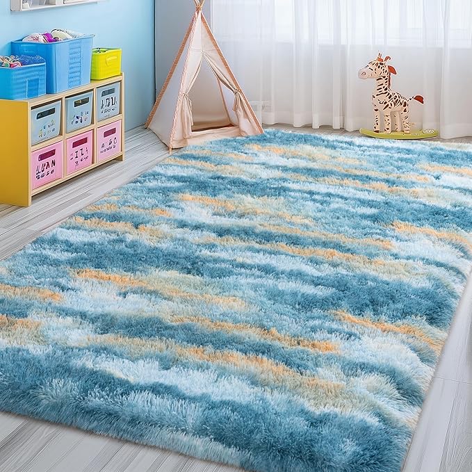 Shag Rugs for Living Room 8x10, Ultra Soft Fluffy Abstract Blue Yellow Fuzzy - Image 4