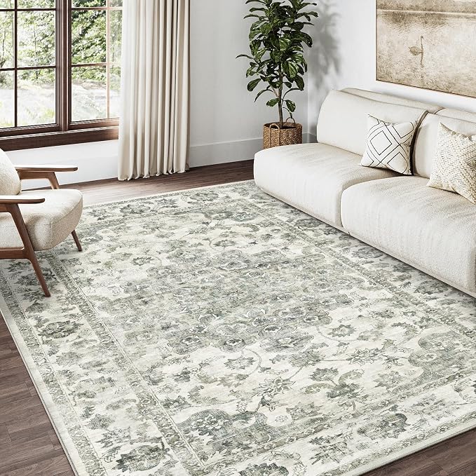 4x6 Washable Neutral Area Rug Green Vintage Entryway Office Carpet Non-Slip by WondRg
