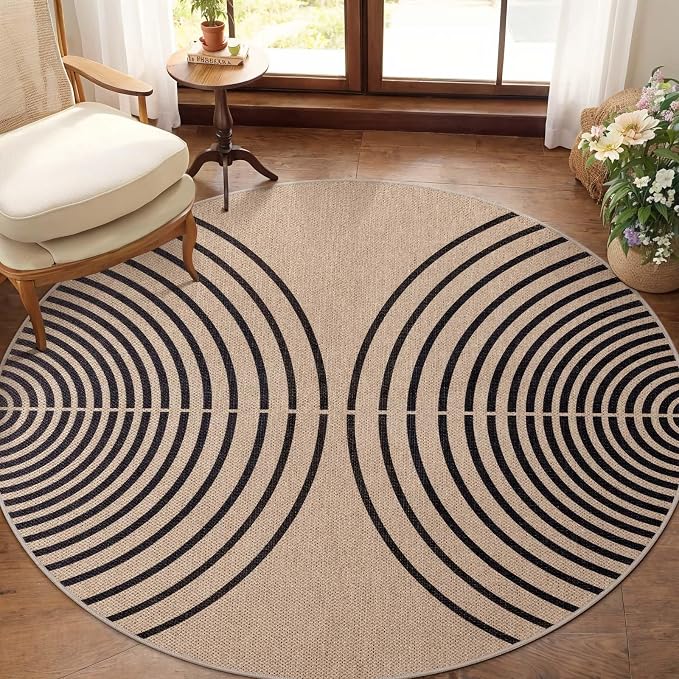 Tangsoo Modern Rainbow Round Rug 4ft Easy Jute Washable Rugs Ultra Thin Black - Image 2