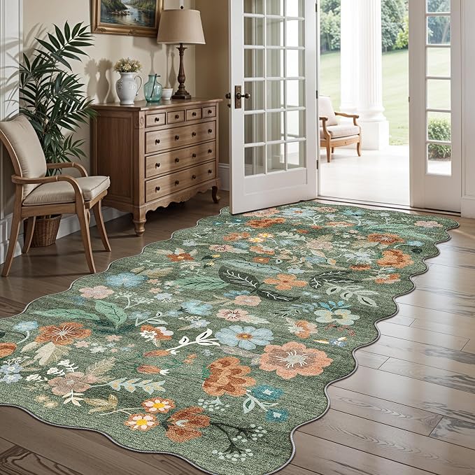 4x8 Washable Area Rug for Family: Stain Resistant Wide Floral Scalloped Kitchen - Image 2