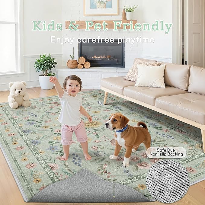 Green Floral Rug for Girls, 5x7 Washable Botanical Bedroom Rug for Nursery - Image 4