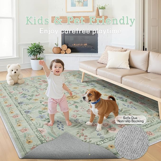 Green Floral Washable Area Rug 8x10 – Large Vintage Boho Non-Slip Carpet - Image 6