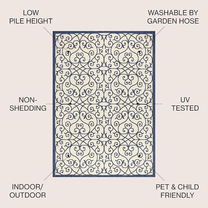 JONATHAN Y Vintage Filigree Indoor Outdoor Area Rug 4X6 Navy/Beige, Madrid - Image 2