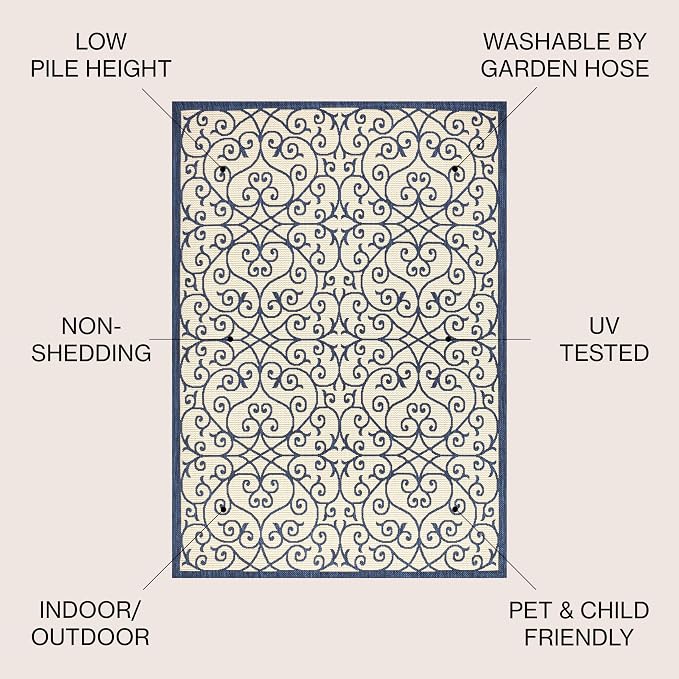 JONATHAN Y Vintage Filigree Indoor Outdoor Round Area Rug 5 Ft Navy/Beige - Image 2