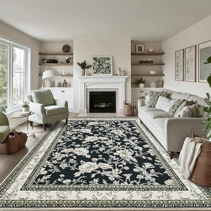 Black Floral Area Rugs 6x9 Living Room, Vintage Modern Farmhouse Boho Indoor - Image 8