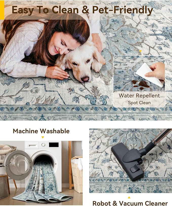 RELEANY Area Rugs 6'x9' Washable Non-Slip, Floral Vintage Distress Medallion - Image 4
