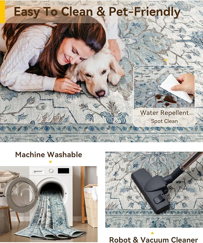 RELEANY Area Rugs 4'x5' Washable Non-Slip, Floral Vintage Distress Medallion - Image 5