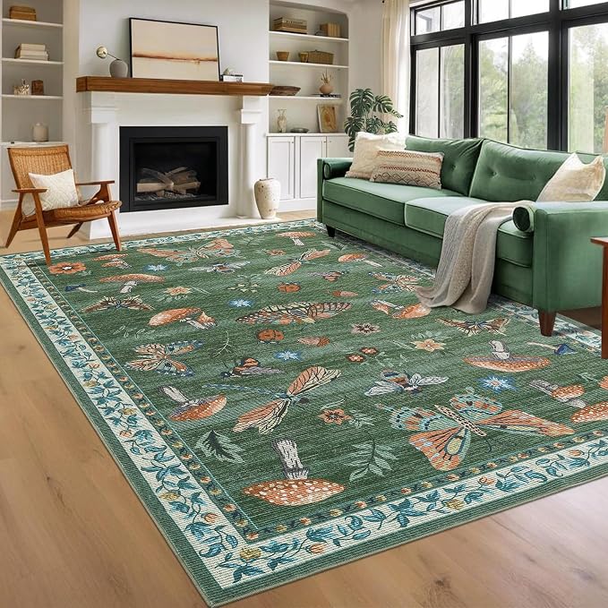 Mushroom 10x13 Area Rug for Living Room Washable Non Slip Forest Soft Low-Pile by ROYHOME