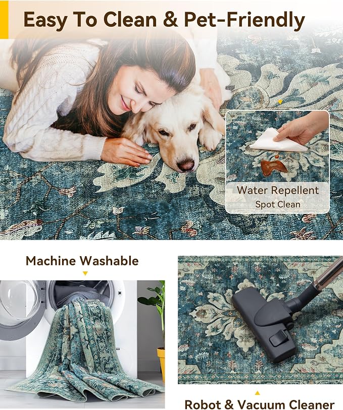 RELEANY Area Rugs Square 8ft Washable Non-Slip, Floral Vintage Distress - Image 4