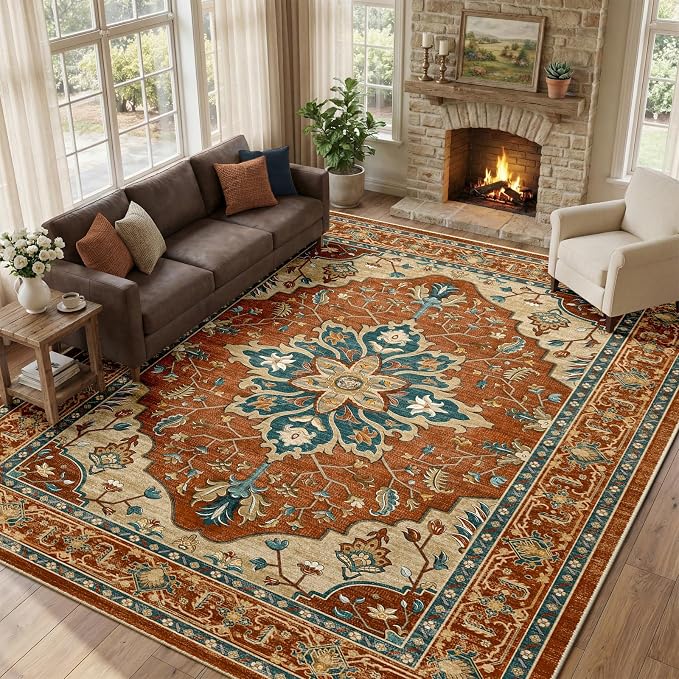 RELEANY Area Rugs Large 10'x12' Washable Non-Slip, Floral Vintage Distress - Image 2