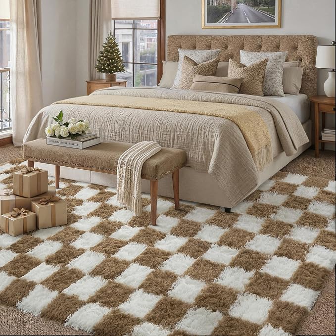PureCozy 5x7 Area Rugs for Living Room Brown Soft Shag Checkered Large Rug - Image 5