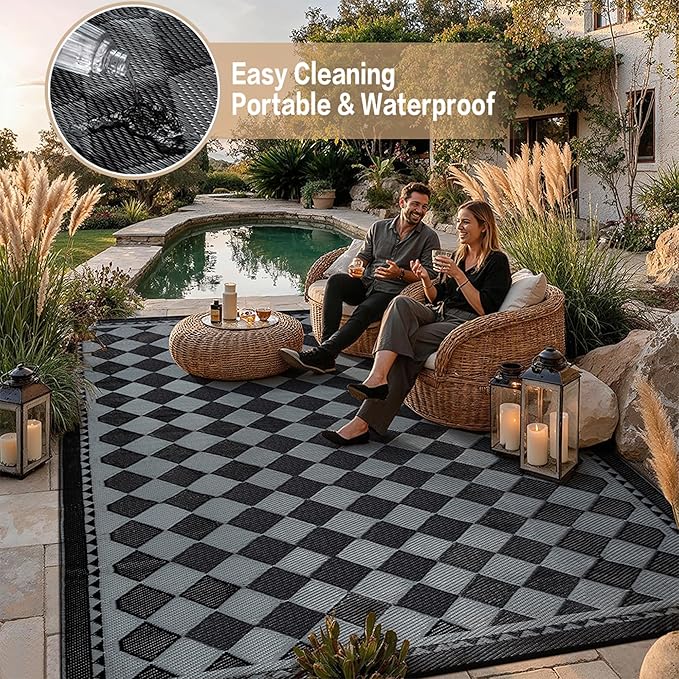 HUGEAR Outdoor Waterproof Rug 9'x12' Plastic Straw Rugs Washable Reversible - Image 5