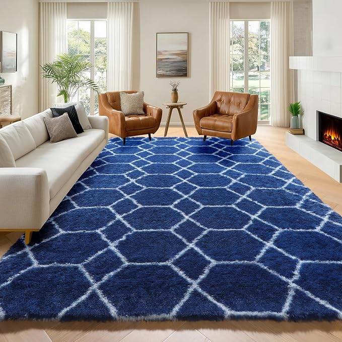ONASAR Geometric Area Rugs 5x8 for Living Room, Fluffy Moroccan Navy and White - Image 5