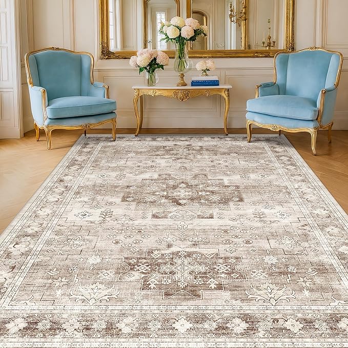 Hazo Haus Washable Neutral Farmhouse Living Room Rug, 5x8 Area Rugs by HazoHaus