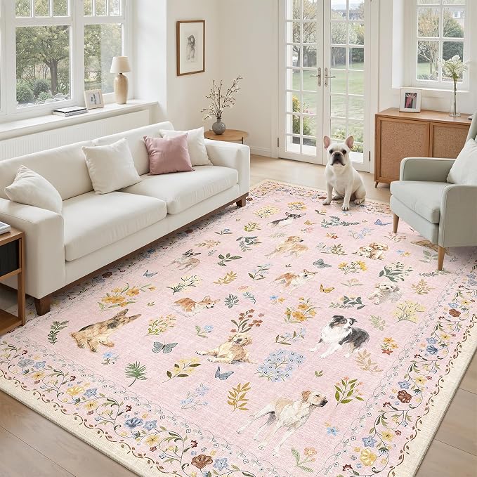 Soalmost Dog 5x7 Area Rugs for Living Room, Machine Washable Animal Floral - Image 2