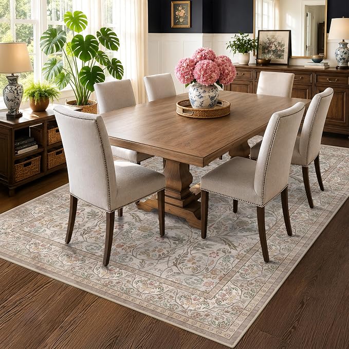 Moss Green 5x7 Washable Living Room Rug, Vintage Farmhouse Dining Room Rugs - Image 3