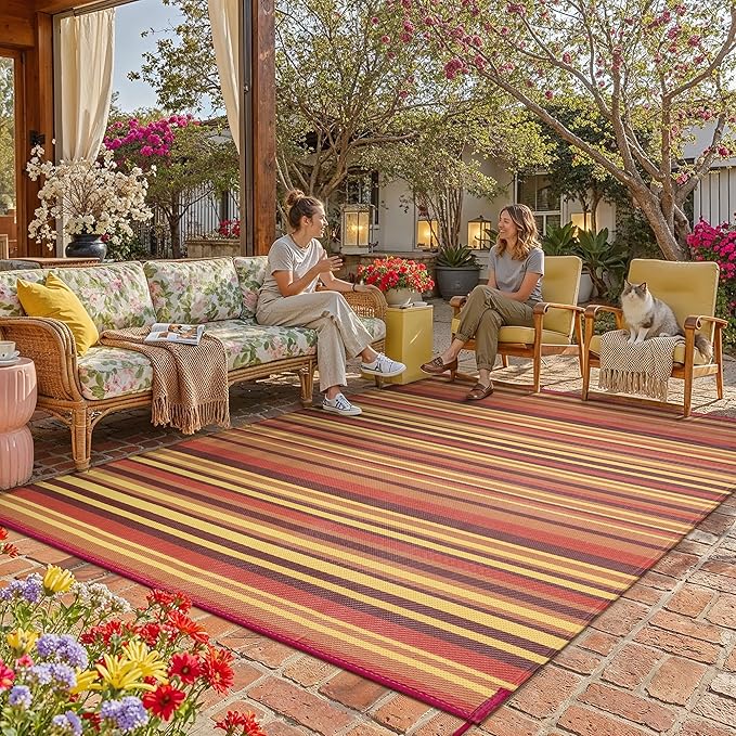 Outdoor Plastic Straw Rug Waterproof Patio 9x18 Red Orange Stripe Mat by WondRg