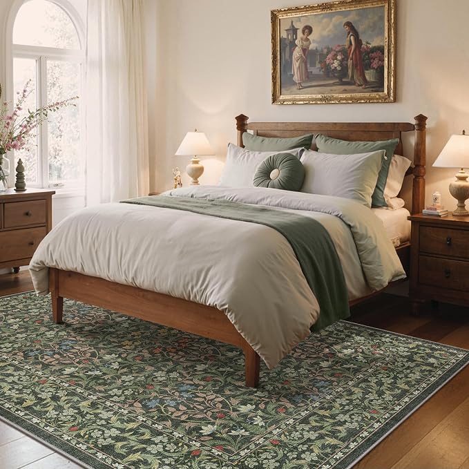 GENIMO 5x7 Washable Area Rug, Emerald Green Non Slip Vintage Boho Floral Carpet - Image 4