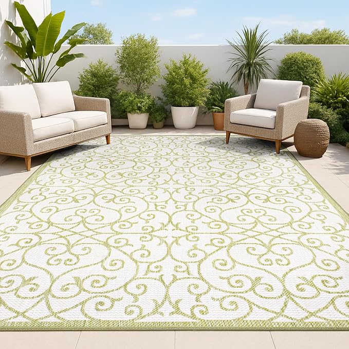 JONATHAN Y Vintage Filigree Indoor Outdoor Area Rug 9X12 Green/Cream, Madrid by JONATHANY