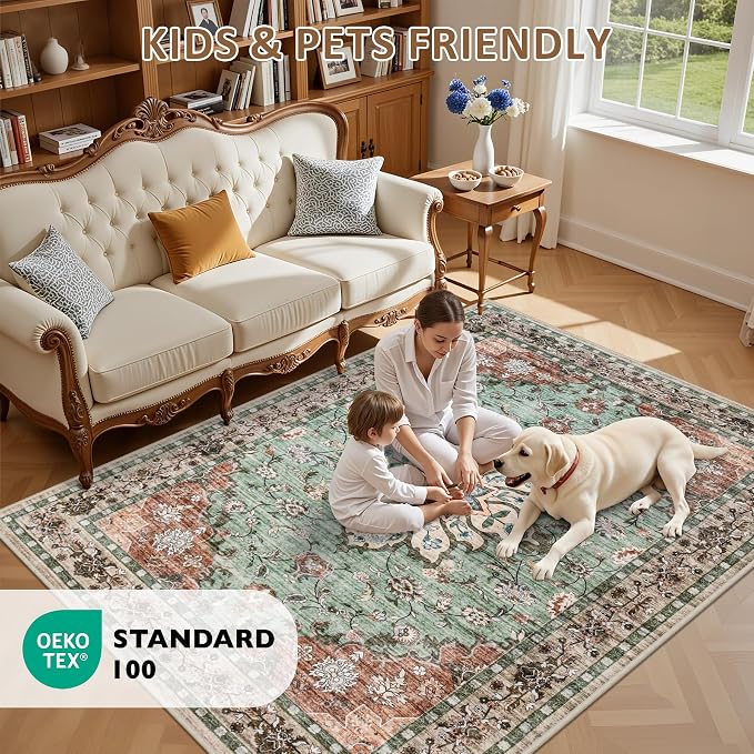 Area Rugs 10x14 Living Room Rug: Washable Rug Soft Vintage Distressed Floral - Image 8