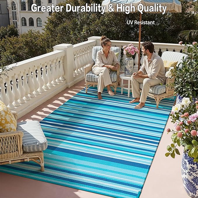 Outdoor Plastic Straw Rug Waterproof Patio 5x8 Blue Teal Stripe Mat - Image 5
