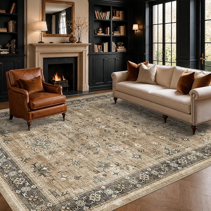 Natural Earthy 7x9 Area Rug for Living Room, Washable Bedroom Carpet, Oriental by HazoHaus