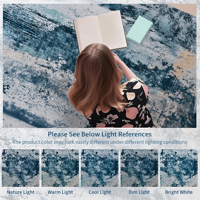 Living Room Rug 9x11 Aqua Blue Area Rugs Machine Washable Abstract Boho Large - Image 2