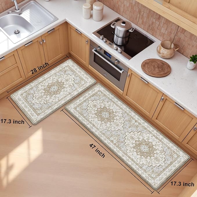 Boho Kitchen Mats for Floor 2 Piece Set Anti Fatigue Cushioned PVC Kitchen Rugs - Image 2