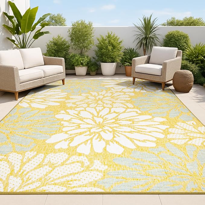 JONATHAN Y Floral Textured Weave Indoor Outdoor Area Rug 9X12 Yellow/Cream by JONATHANY