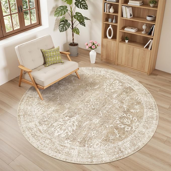 Madane Washable Round Rug 5ft for Living Room, Soft Ultra-Thin Non-Slip Vintage by Madane