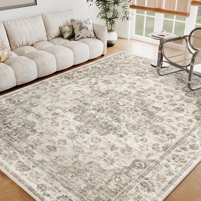 8x10 Washable Neutral Area Rug Taupe Vintage Living Room Bedroom Carpet - Image 5