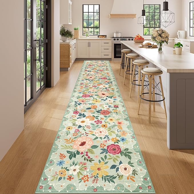 DUKINO 2.6x14 Kitchen Runner Rug, Lightweight Floral Washable Rug - Image 3