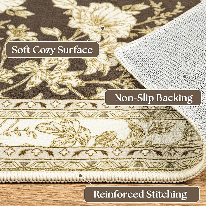 Brown Floral Rug 5x7 Machine Washable Area Rug - Image 4