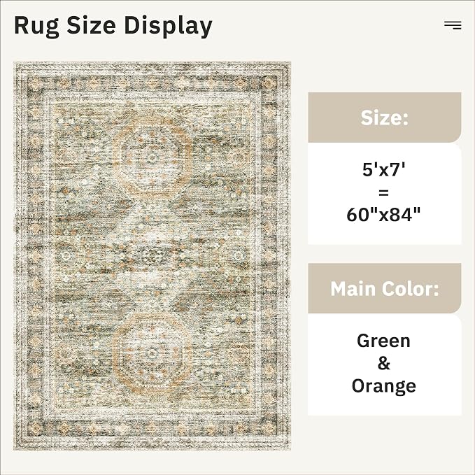 Soalmost 5x7 Area Rugs Green Orange Low Pile Indoor Washable Trendy Faded Style - Image 5