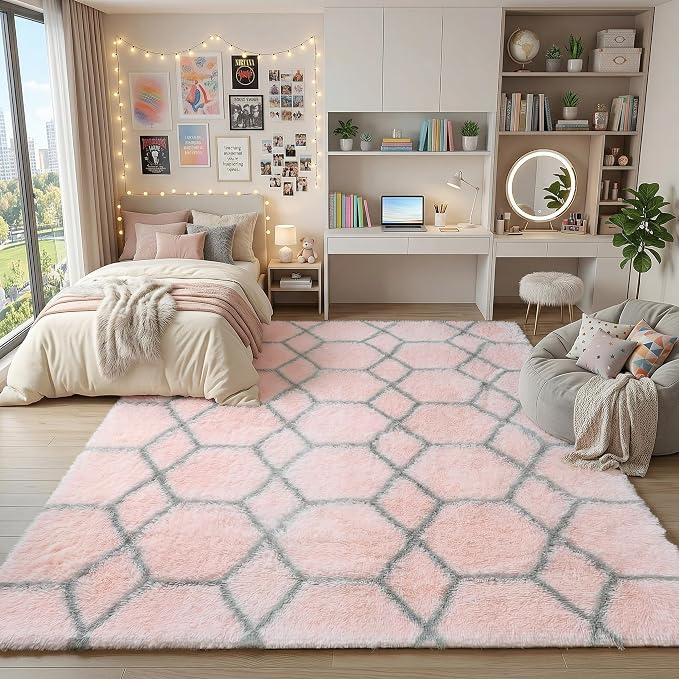 ONASAR Rugs for Living Room Bedroom, 5x8 Fluffy Pink and Grey Area Rug - Image 5