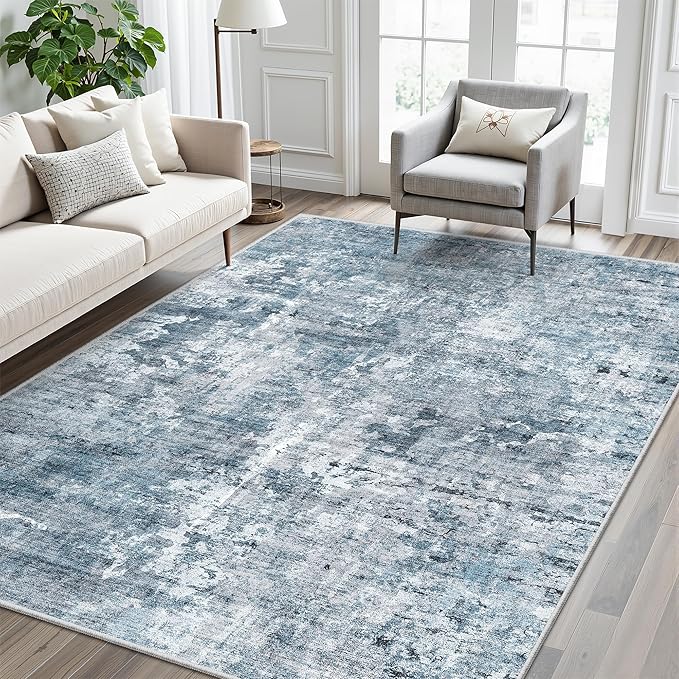 Soalmost 5x8 Area Rugs Blue/Grey Low Pile Indoor Washable Trendy Faded Style - Image 2