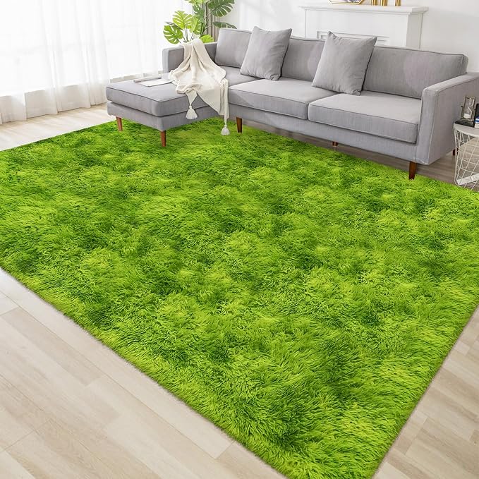 Tie Dyed Grass Green Shag Rug 6x9 Green Fluffy Area Rug Soft Plush Fuzzy Carpet by TENNOLA