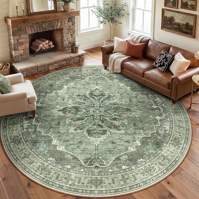 RELEANY Area Rugs Round 8ft Washable Non-Slip, Floral Vintage Distress by RELEANY