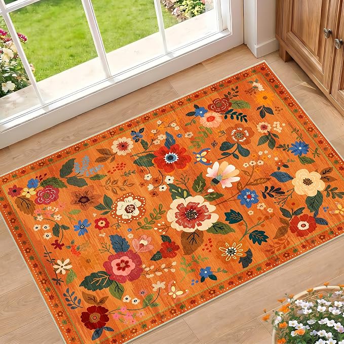 RELEANY Floral 2x3 Area Rugs Washable Print Boho Cute Carpet Non Slip Flower by RELEANY