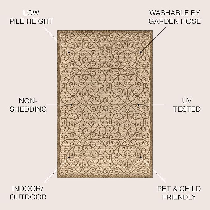 JONATHAN Y Vintage Filigree Indoor Outdoor Area Rug 6X9 Beige/Brown, Madrid - Image 2