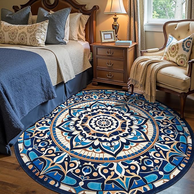 jinchan Mandala Round Rug 7ft Blue Boho Washable Rug Moroccan 7' Round Modern - Image 2