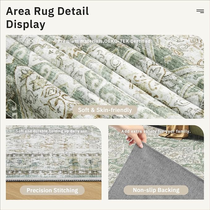 Soalmost 5x7 Area Rugs Green/Brown Low Pile Indoor Washable Trendy Faded Style - Image 6