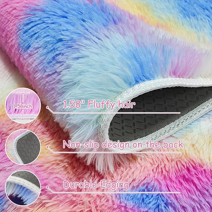 Rainbow Area Rugs 3x5 ft, Tie-Dyed Unicorn Fluffy Fuzzy Shaggy Carpet Soft - Image 5