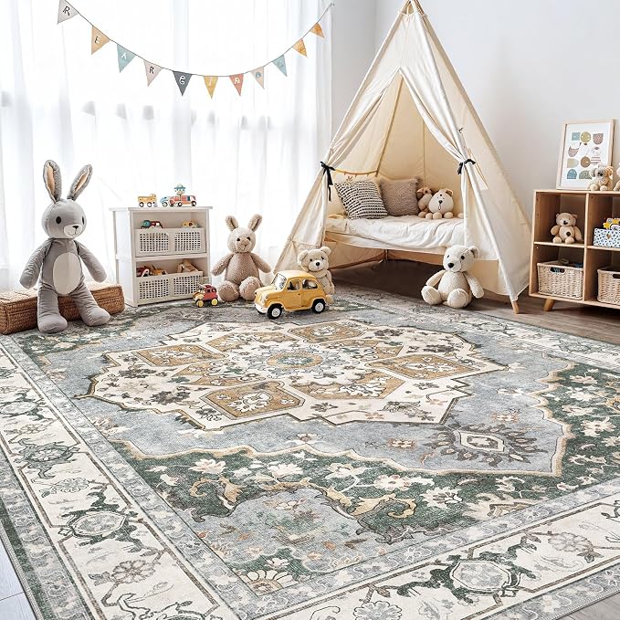 6x9 Washable Area Rug: Vintage Neutral Soft Non Slip Thin Large Floor Carpet - Image 8