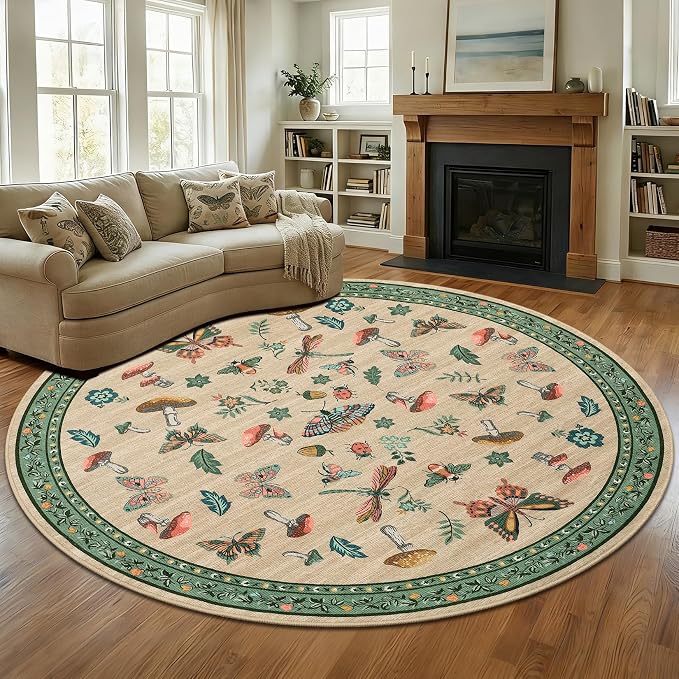 Mushroom Insect 6ft Round Rug Washable Non-Slip Soft Ultra-Thin Small Boho - Image 3
