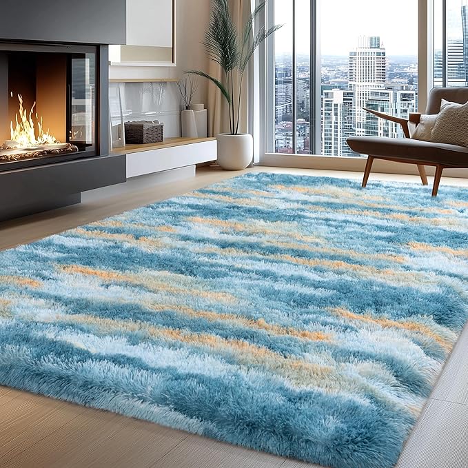 Fluffy Rugs for Living Room, 6x9 Feet Abstract Blue Large Shag Area Rugs for by WISHTREE