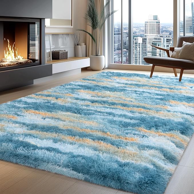 9x12 Fluffy Shag Area Rugs, Ultra Soft Non-Slip Abstract Blue Plush Carpet - Image 3