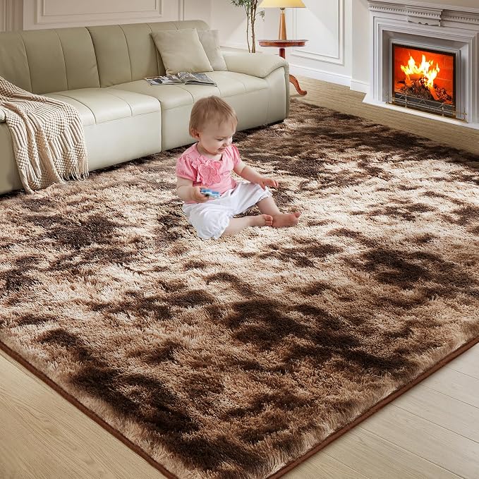 Ultra Soft Rug for Living Room, 8X10 Tie-Dyed Coffee Fluffy Shag Area Rug for by Fairblink